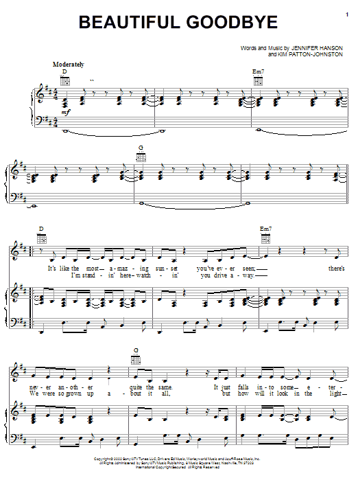 Jennifer Hanson Beautiful Goodbye sheet music notes and chords arranged for Piano, Vocal & Guitar Chords (Right-Hand Melody)