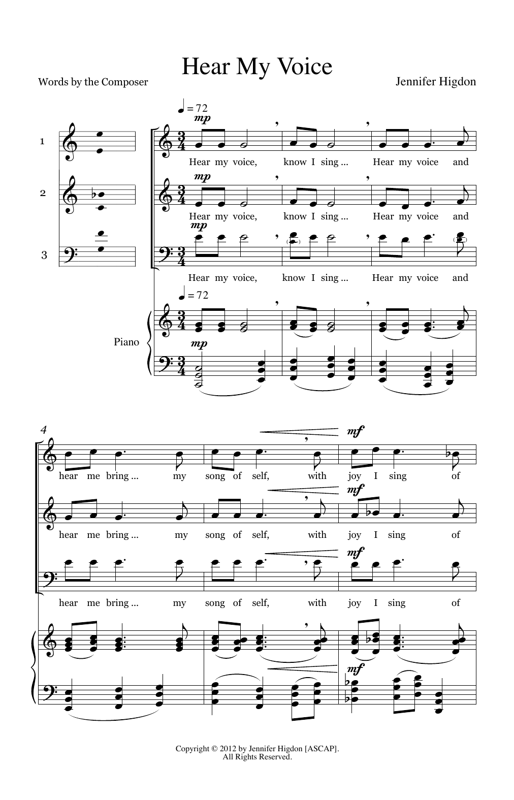 Jennifer Higdon Hear My Voice sheet music notes and chords arranged for 3-Part Mixed Choir