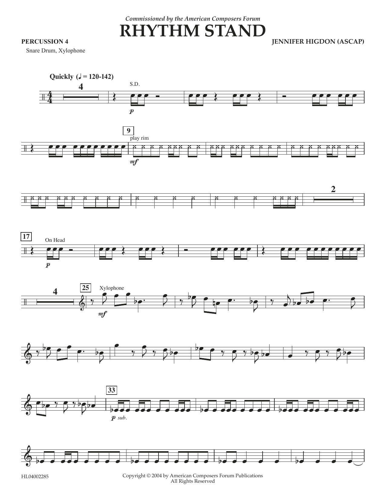Jennifer Higdon Rhythm Stand - Percussion 4 sheet music notes and chords arranged for Concert Band