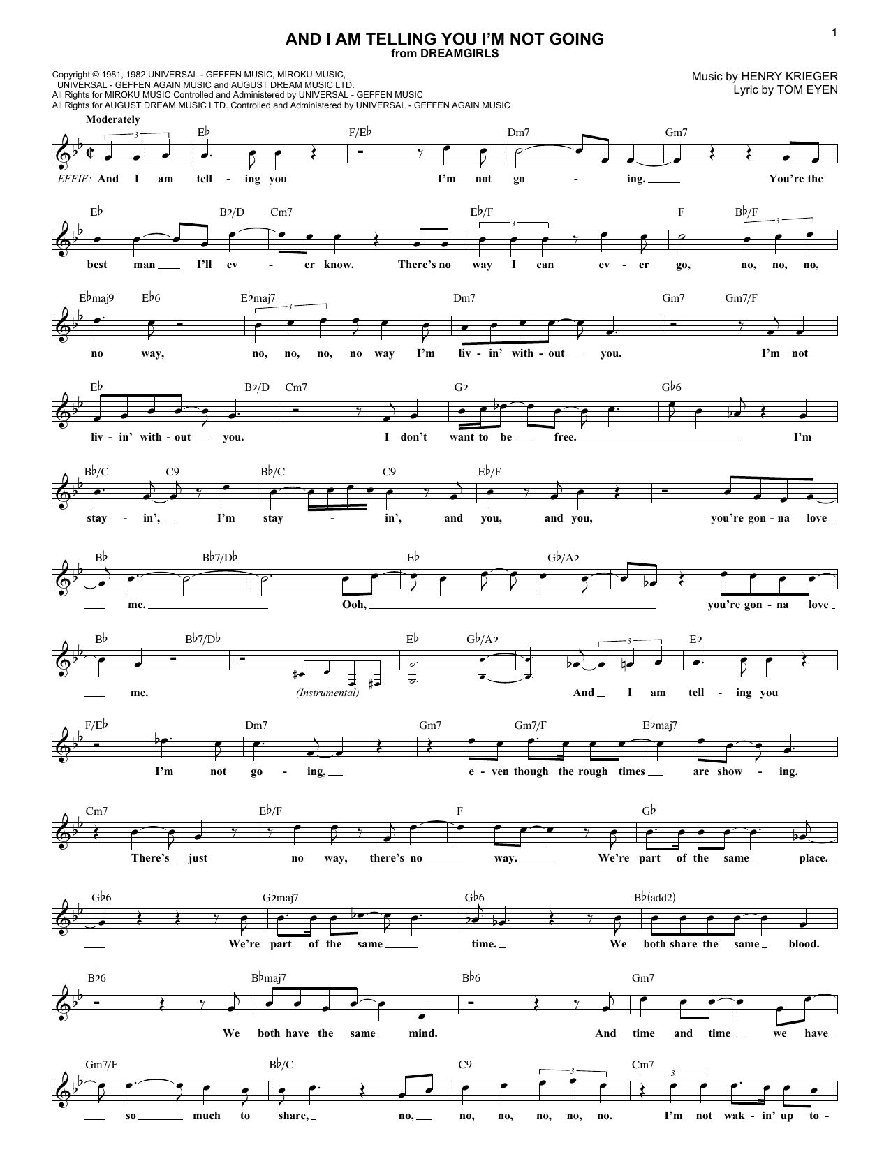 Jennifer Holliday And I Am Telling You I'm Not Going sheet music notes and chords arranged for Lead Sheet / Fake Book