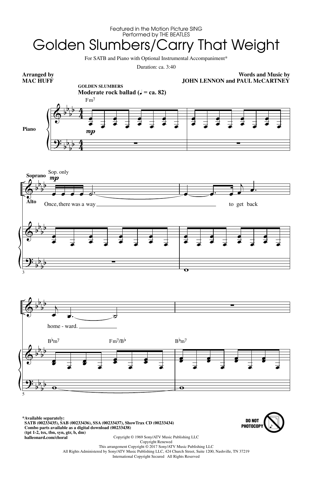Jennifer Hudson Golden Slumbers/Carry That Weight (from Sing) (arr. Mac Huff) sheet music notes and chords arranged for SAB Choir