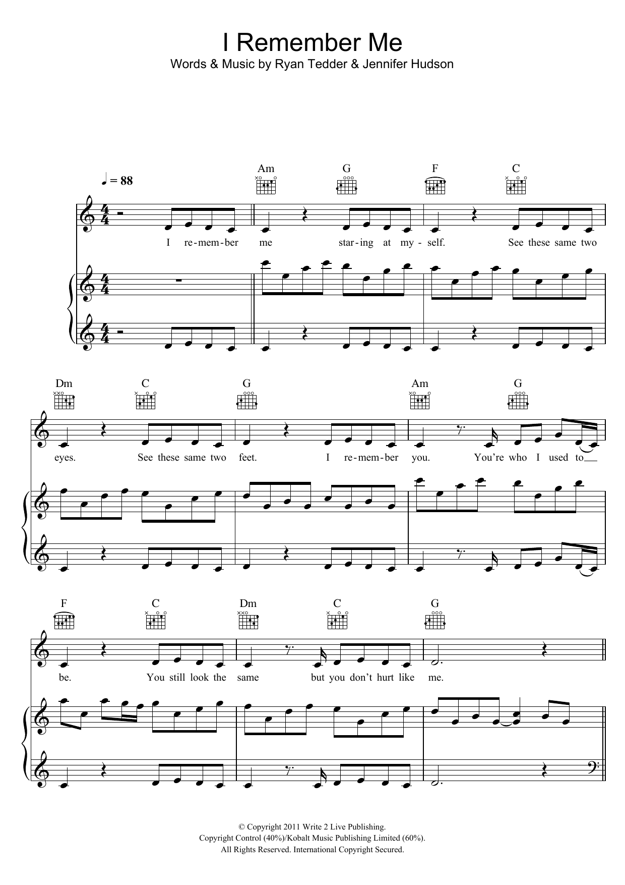 Jennifer Hudson I Remember Me sheet music notes and chords arranged for Piano, Vocal & Guitar Chords
