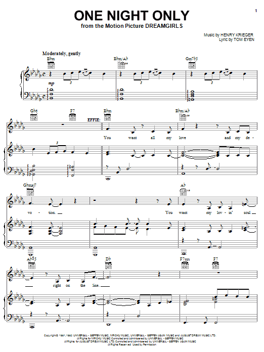 Jennifer Hudson One Night Only sheet music notes and chords arranged for Piano, Vocal & Guitar Chords (Right-Hand Melody)