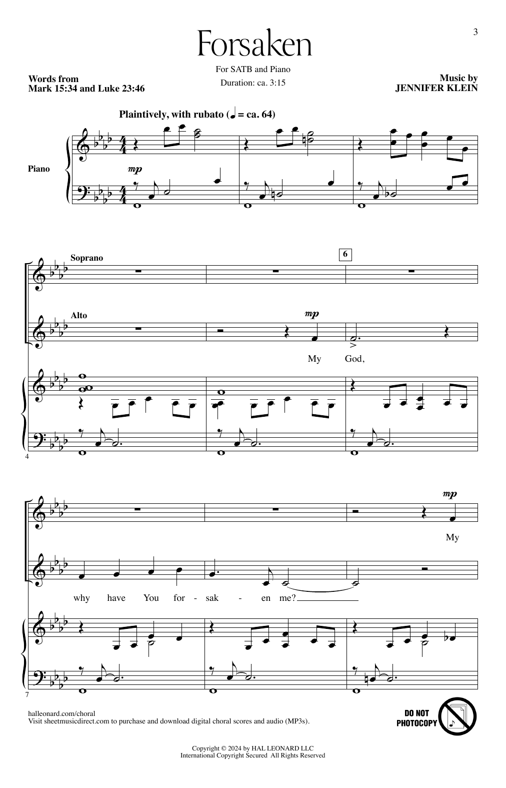 Jennifer Klein Forsaken sheet music notes and chords arranged for SATB Choir