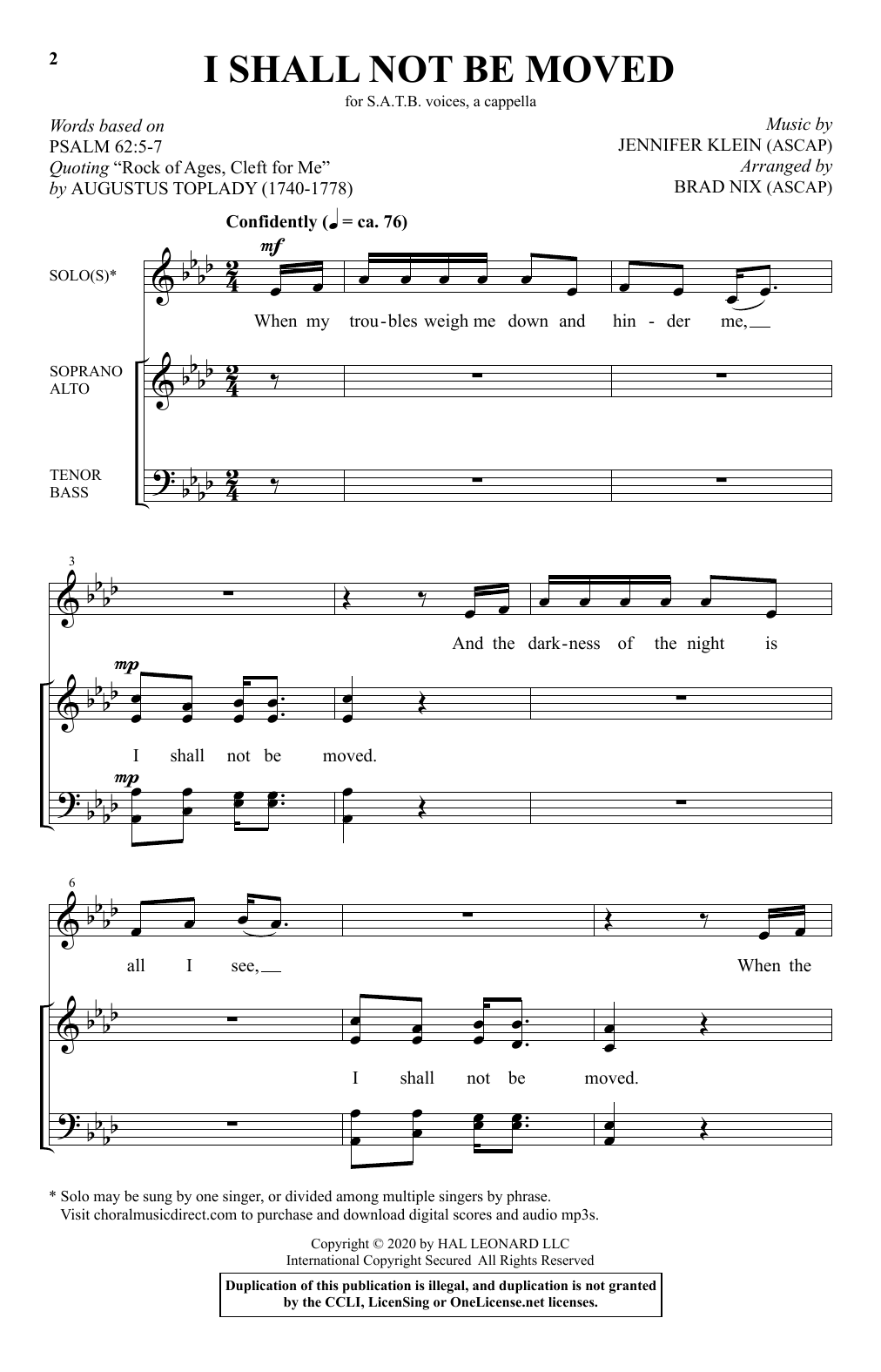 Jennifer Klein I Shall Not Be Moved (arr. Brad Nix) sheet music notes and chords arranged for SATB Choir