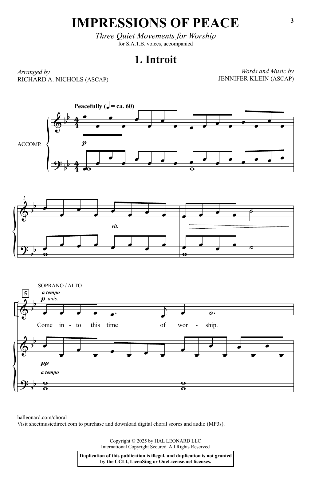 Jennifer Klein Impressions Of Peace (arr. Richard A. Nichols) sheet music notes and chords arranged for SATB Choir