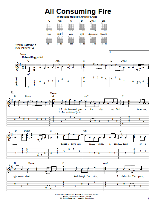 Jennifer Knapp All Consuming Fire sheet music notes and chords arranged for Piano, Vocal & Guitar Chords (Right-Hand Melody)