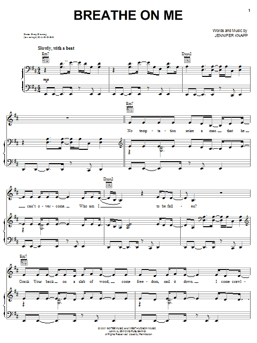 Jennifer Knapp Breathe On Me sheet music notes and chords arranged for Piano, Vocal & Guitar Chords (Right-Hand Melody)