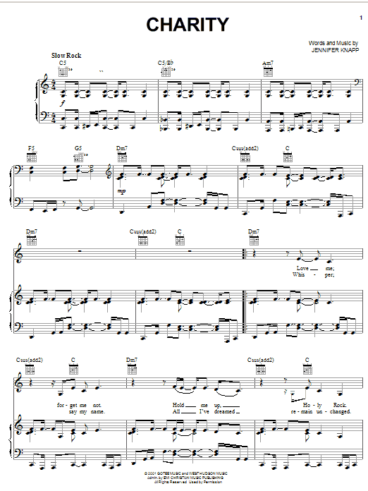 Jennifer Knapp Charity sheet music notes and chords arranged for Piano, Vocal & Guitar Chords (Right-Hand Melody)