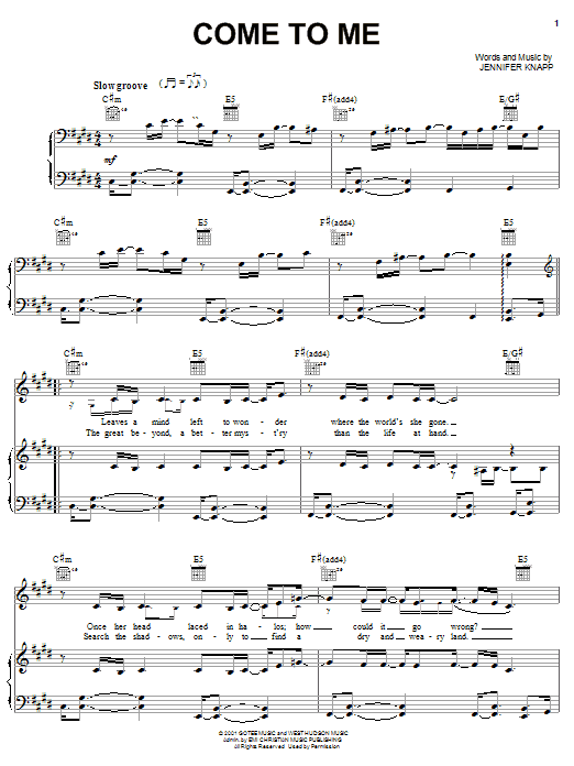 Jennifer Knapp Come To Me sheet music notes and chords arranged for Piano, Vocal & Guitar Chords (Right-Hand Melody)