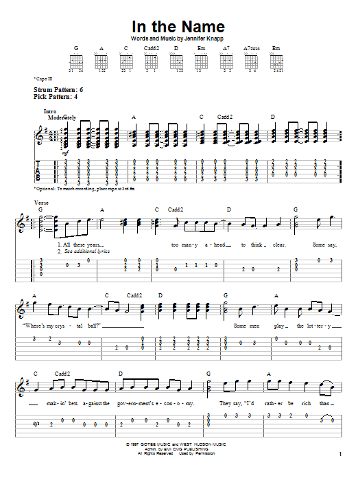 Jennifer Knapp In The Name sheet music notes and chords arranged for Easy Guitar Tab