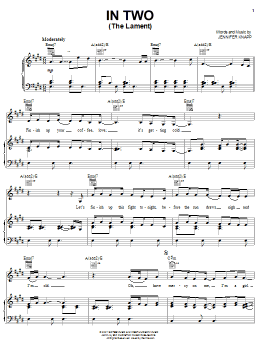 Jennifer Knapp In Two (The Lament) sheet music notes and chords arranged for Piano, Vocal & Guitar Chords (Right-Hand Melody)