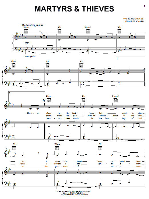 Jennifer Knapp Martyrs & Thieves sheet music notes and chords arranged for Piano, Vocal & Guitar Chords (Right-Hand Melody)