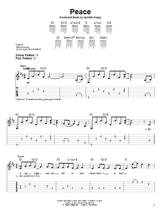 Jennifer Knapp Peace sheet music notes and chords arranged for Easy Guitar Tab