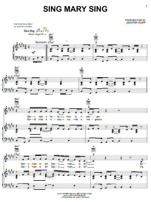 Jennifer Knapp Sing Mary Sing sheet music notes and chords arranged for Piano, Vocal & Guitar Chords (Right-Hand Melody)