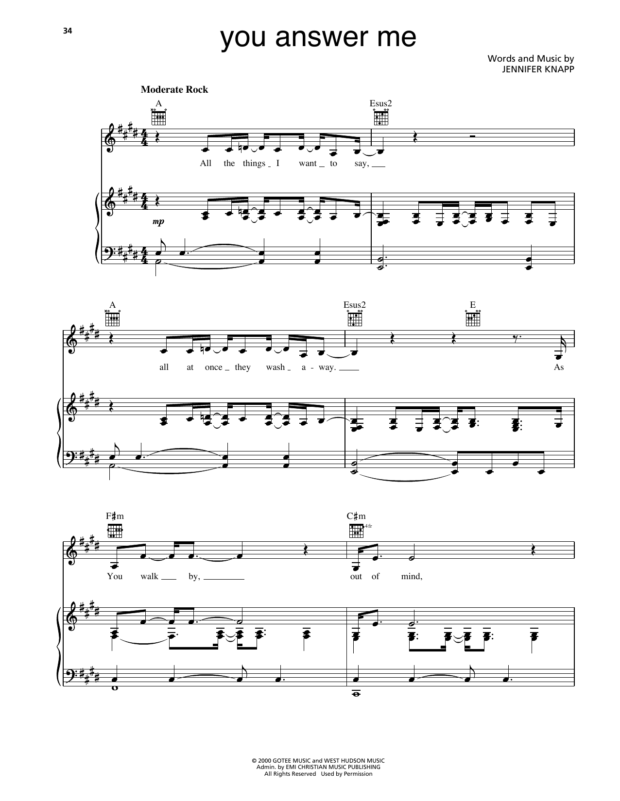 Jennifer Knapp You Answer Me sheet music notes and chords arranged for Piano, Vocal & Guitar Chords (Right-Hand Melody)