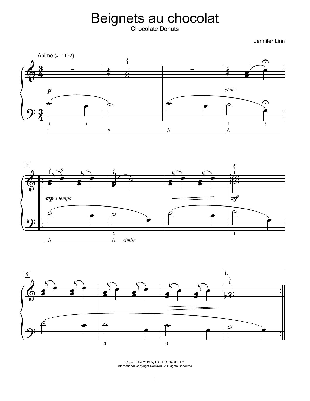 Jennifer Linn Beignets au chocolat sheet music notes and chords arranged for Educational Piano