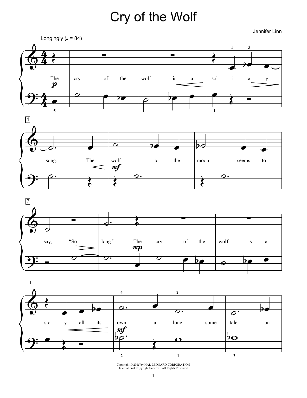 Jennifer Linn Cry Of The Wolf sheet music notes and chords arranged for Educational Piano
