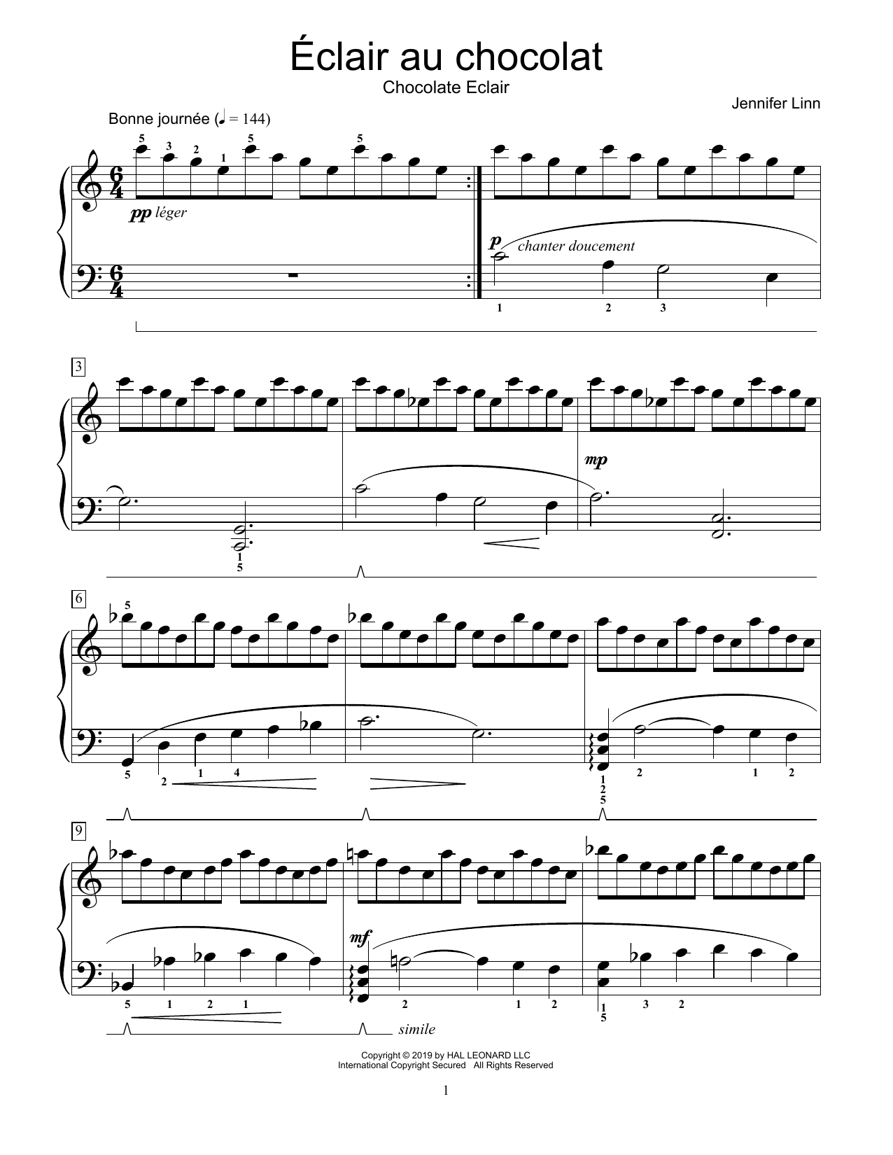Jennifer Linn Eclair au chocolat sheet music notes and chords arranged for Educational Piano