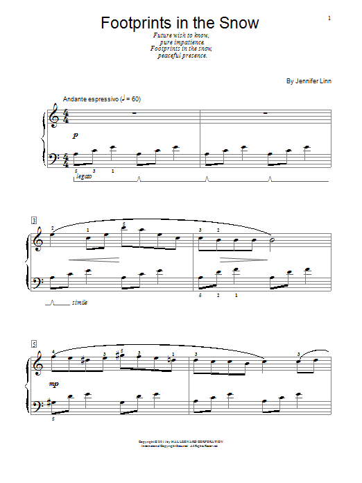 Jennifer Linn Footprints In The Snow sheet music notes and chords arranged for Educational Piano
