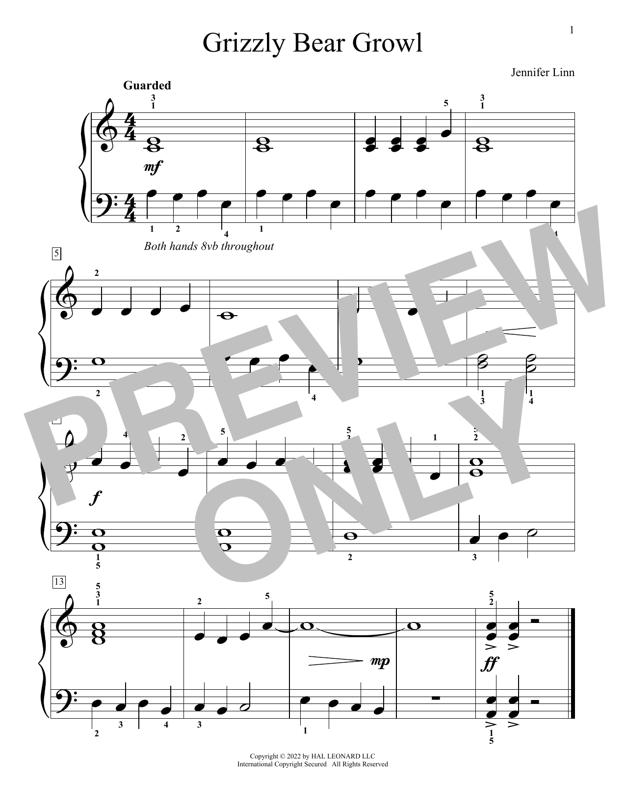 Jennifer Linn Grizzly Bear Growl sheet music notes and chords arranged for Educational Piano