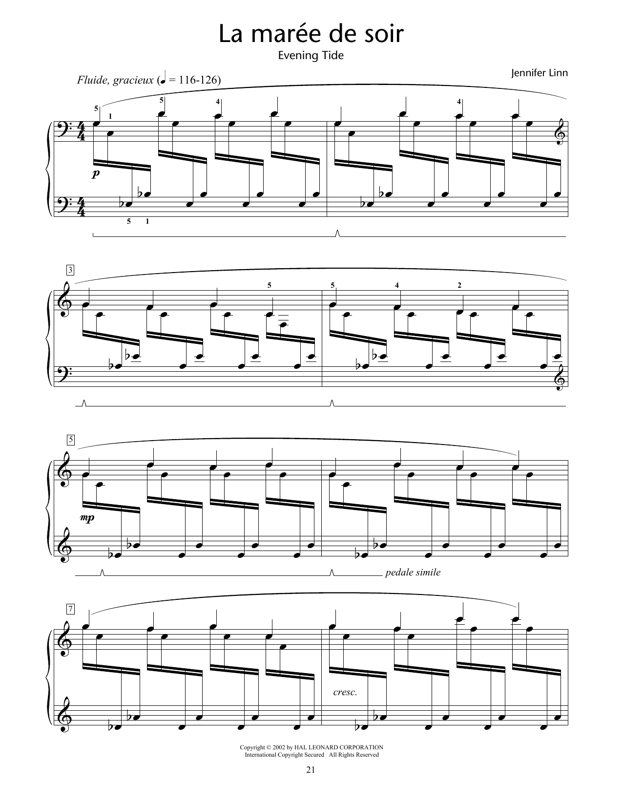 Jennifer Linn La maree de soir (Evening Tide) sheet music notes and chords arranged for Educational Piano