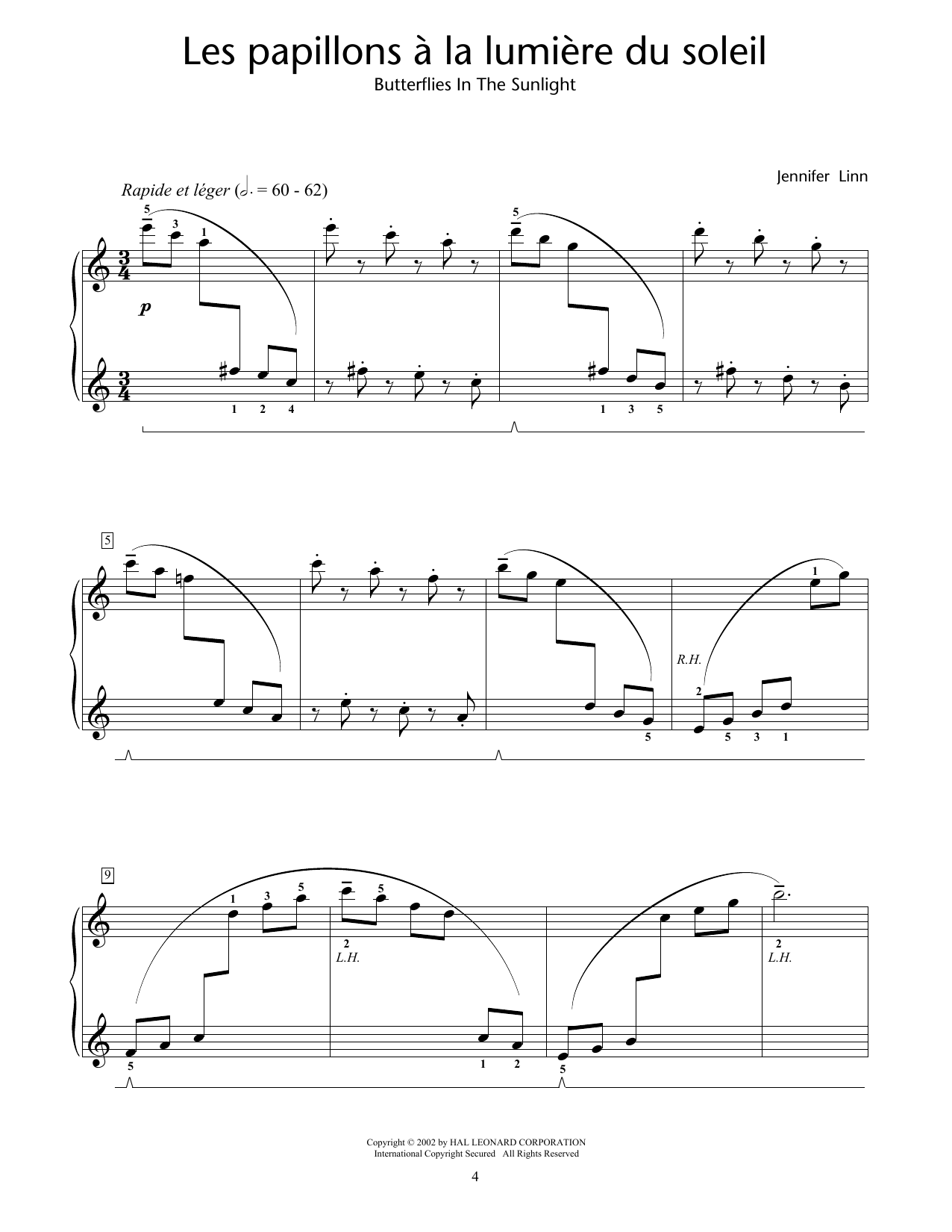 Jennifer Linn Les papillons a la lumiere du soleil (Butterflies In The Sunlight) sheet music notes and chords arranged for Educational Piano