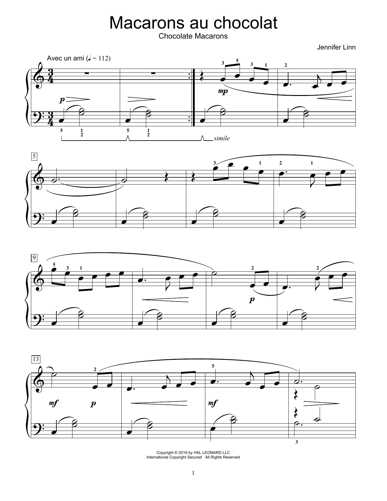 Jennifer Linn Macarons au chocolat sheet music notes and chords arranged for Educational Piano