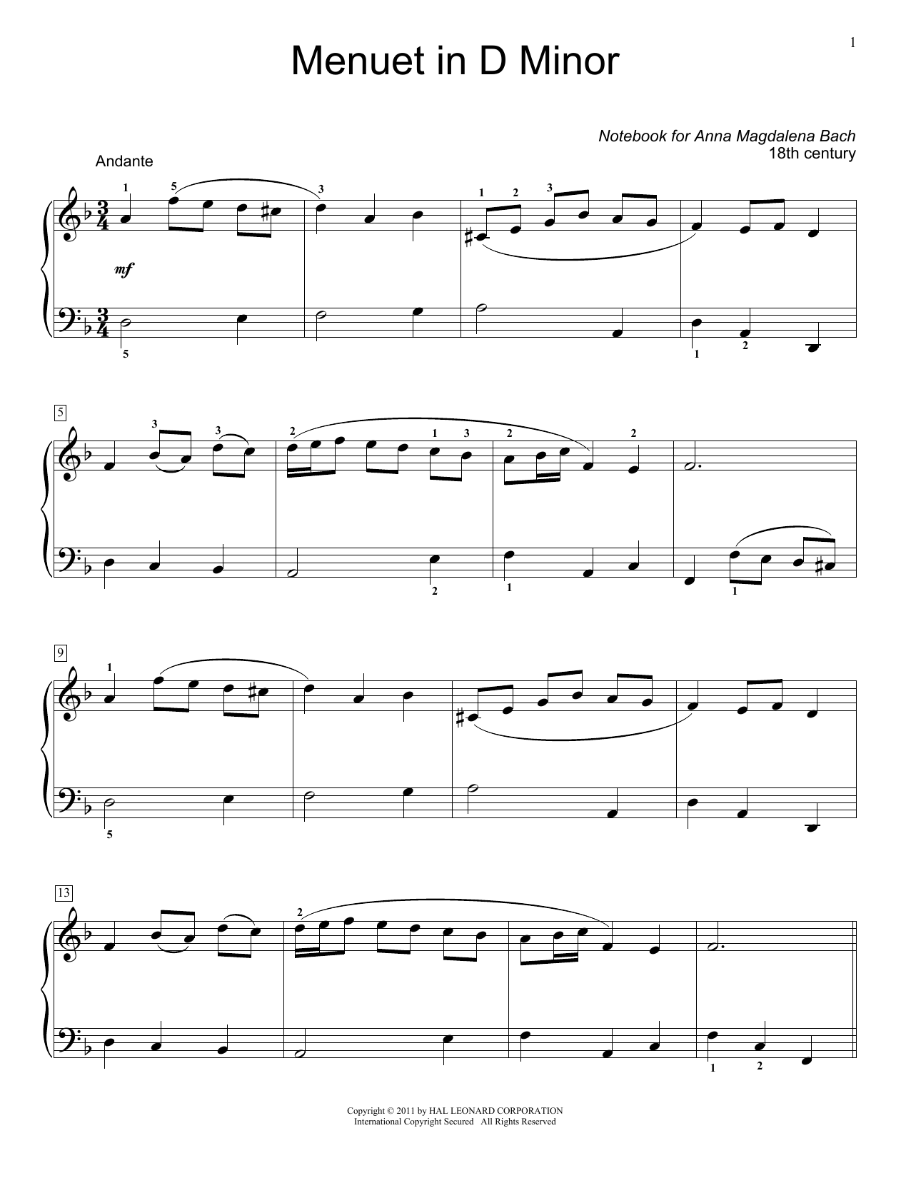 Jennifer Linn Menuet In D Minor, BWV App. 132 sheet music notes and chords arranged for Educational Piano