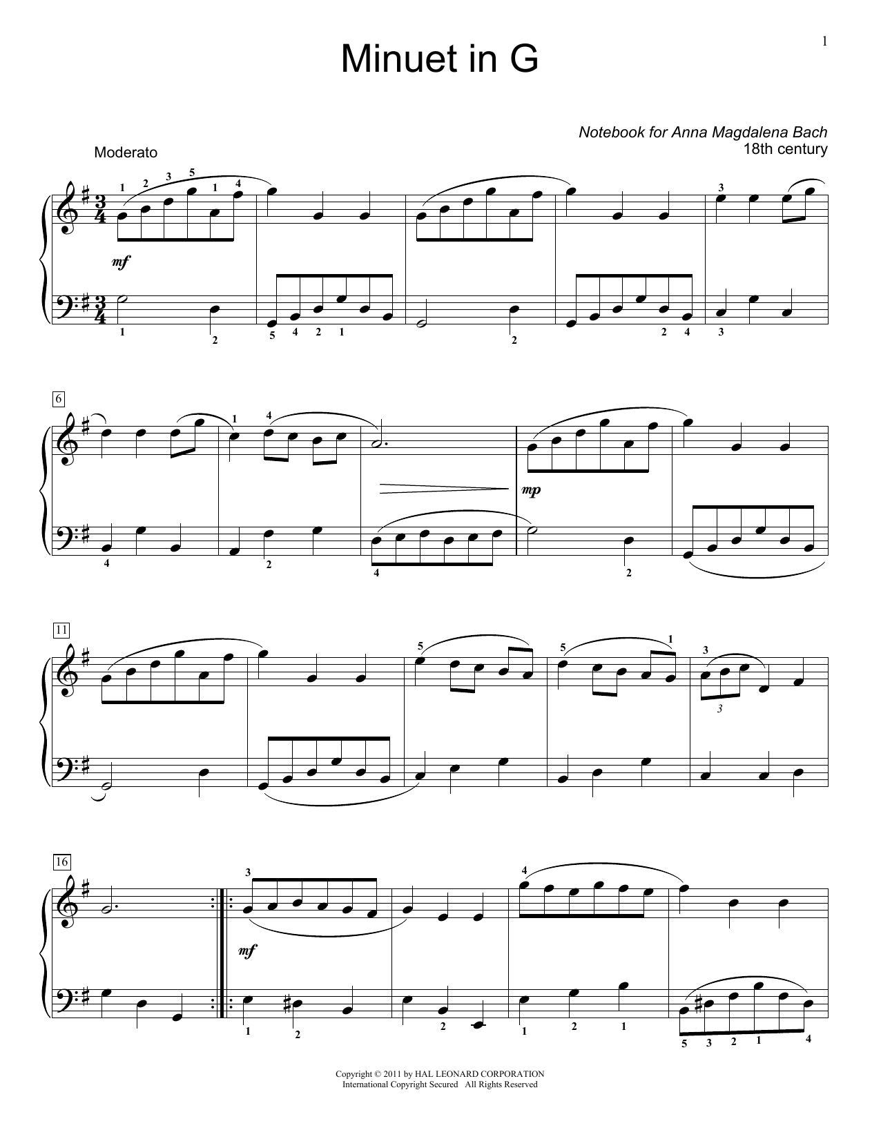 Jennifer Linn Menuet In G Major, BWV App. 116 sheet music notes and chords arranged for Educational Piano