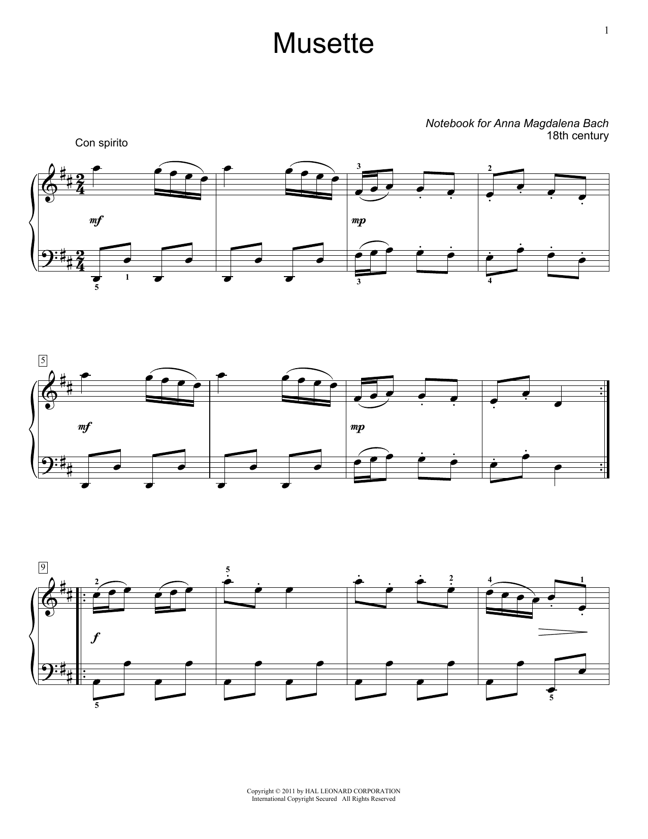 Jennifer Linn Musette in D Major sheet music notes and chords arranged for Educational Piano