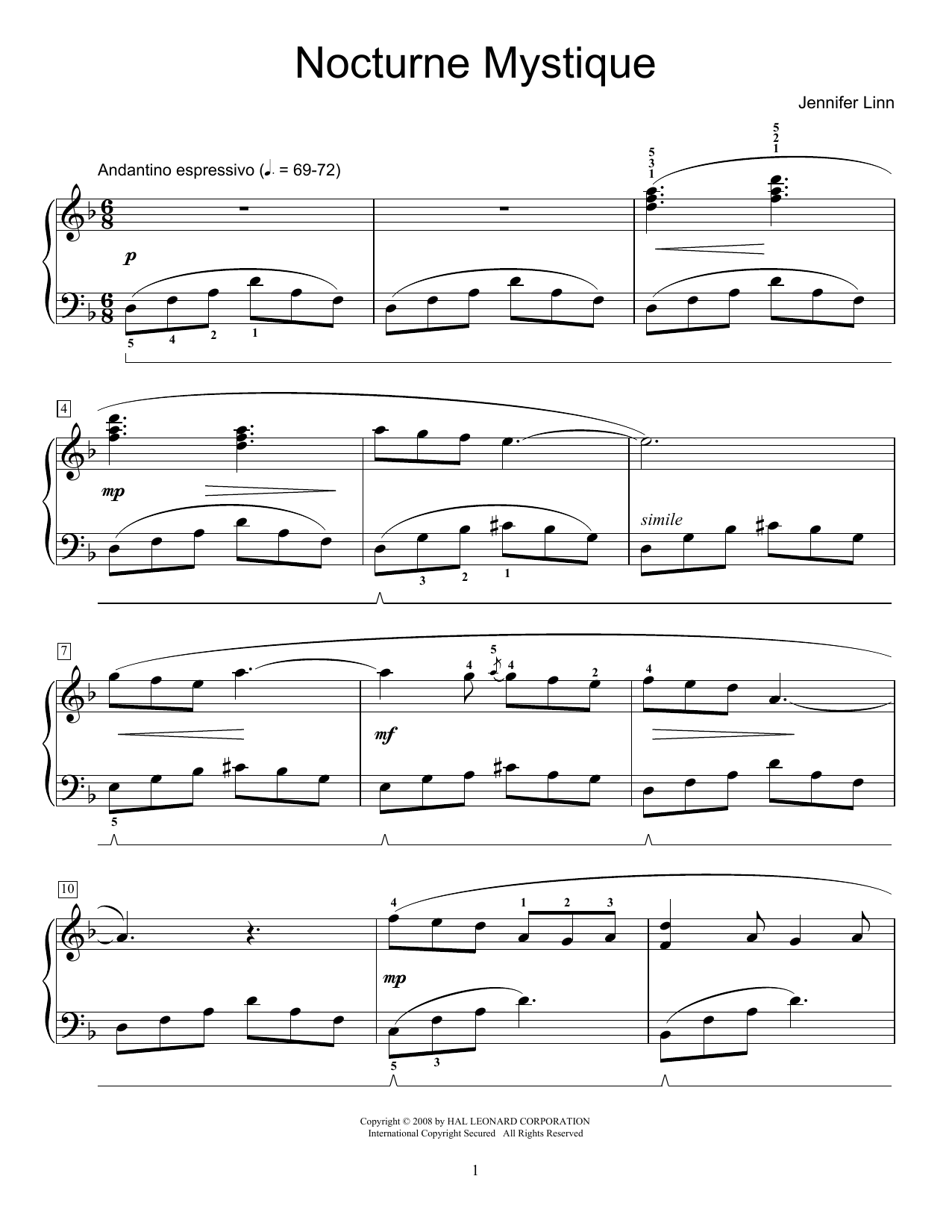 Jennifer Linn Nocturne Mystique sheet music notes and chords arranged for Educational Piano