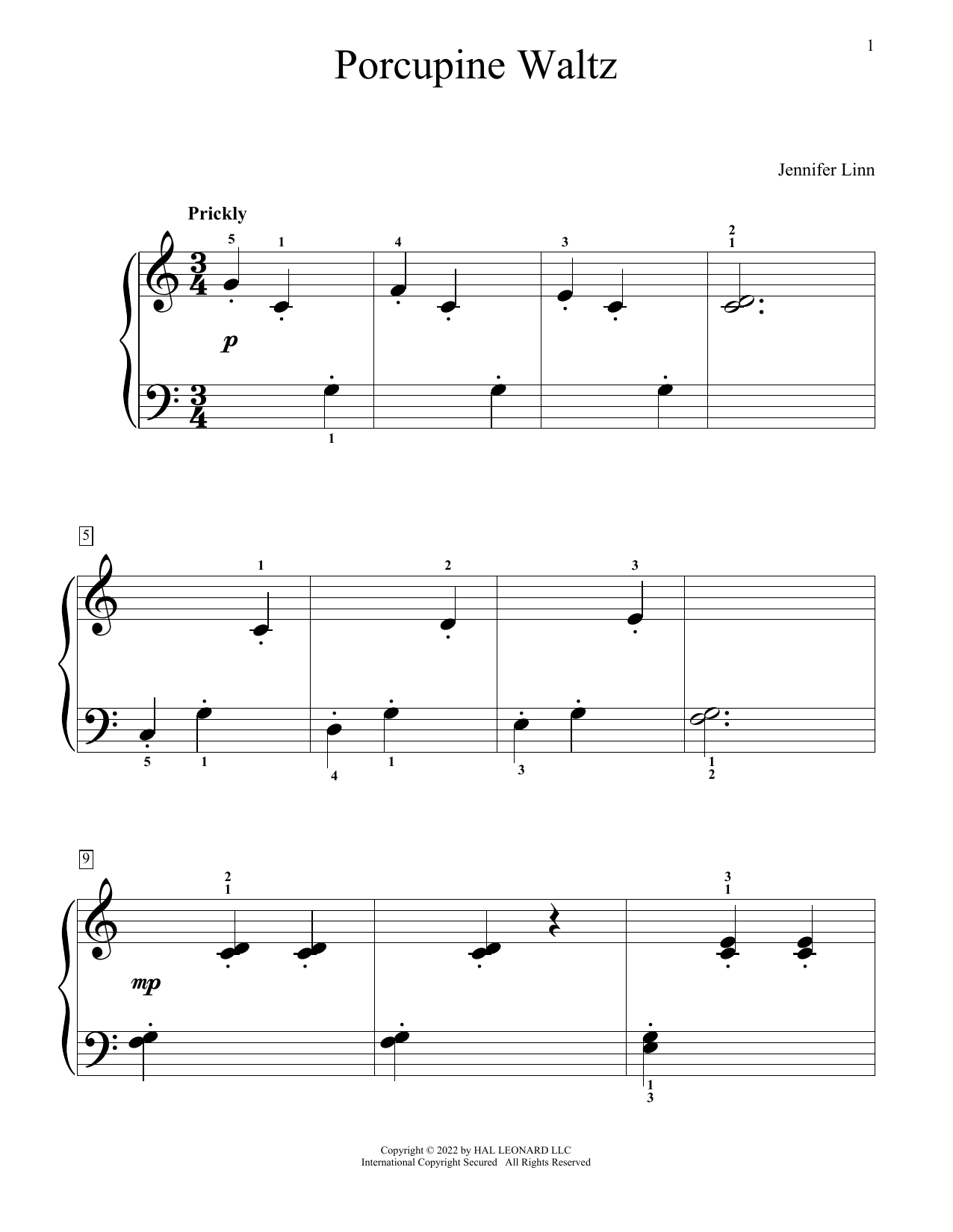 Jennifer Linn Porcupine Waltz sheet music notes and chords arranged for Educational Piano