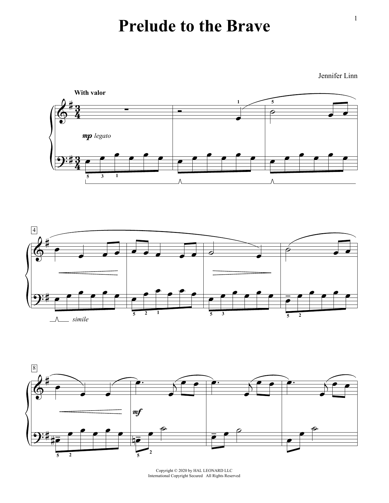 Jennifer Linn Prelude To The Brave sheet music notes and chords arranged for Educational Piano