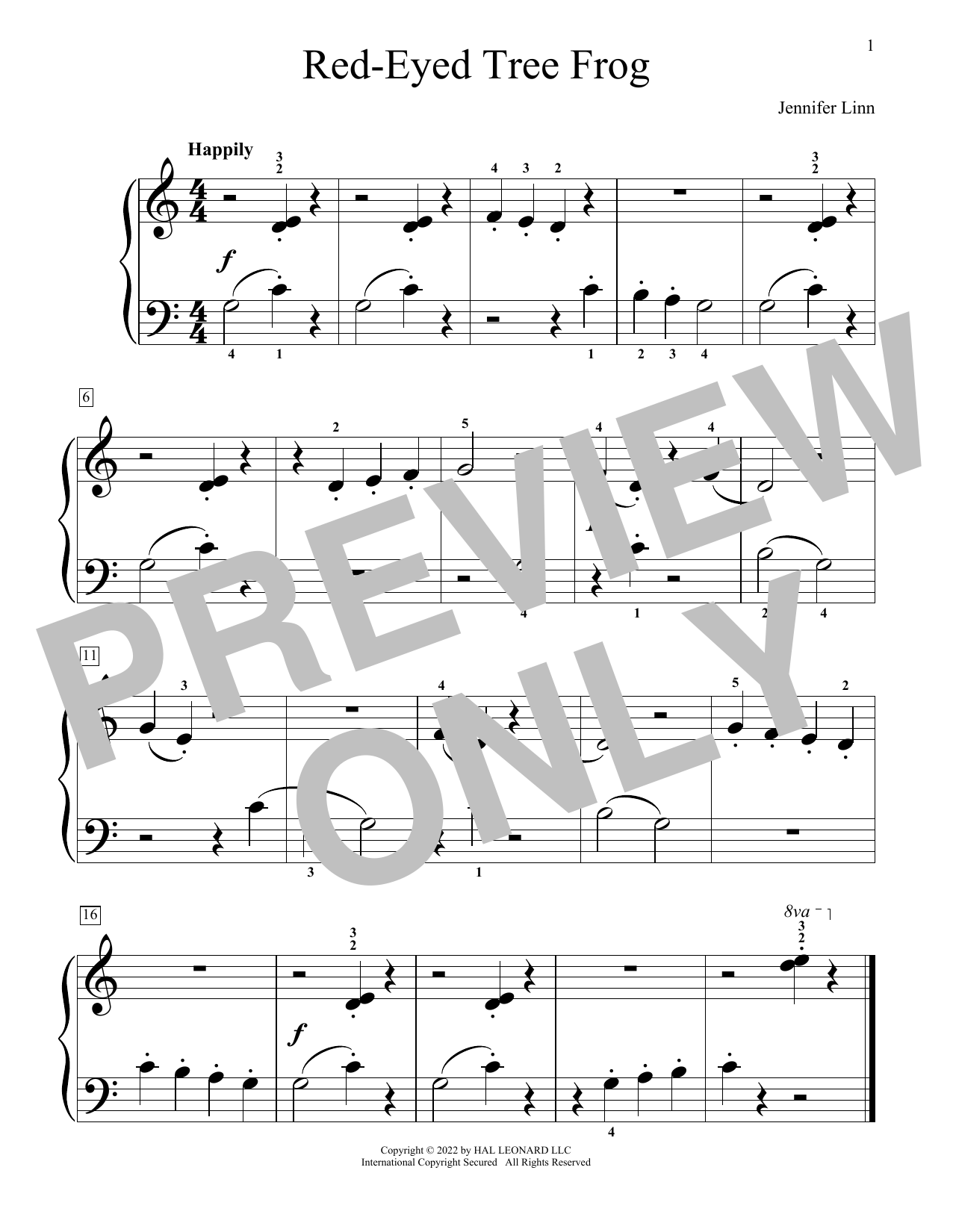 Jennifer Linn Red-Eyed Tree Frog sheet music notes and chords arranged for Educational Piano