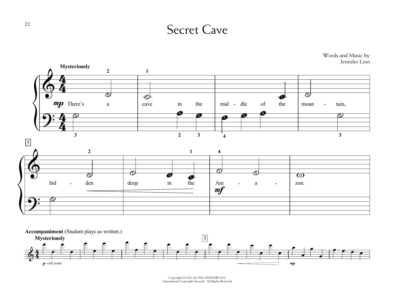 Jennifer Linn Secret Cave sheet music notes and chords arranged for Educational Piano