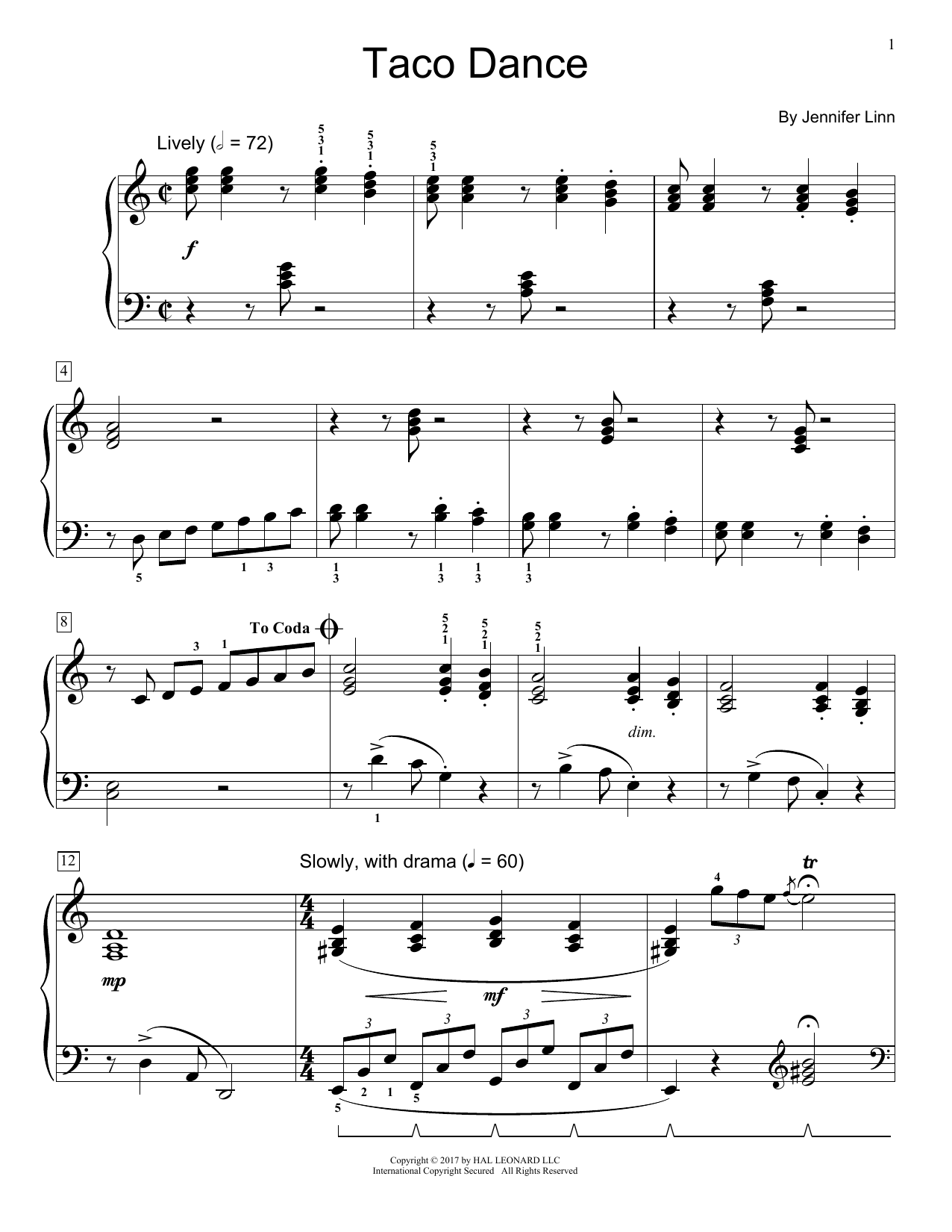 Jennifer Linn Taco Dance sheet music notes and chords arranged for Educational Piano