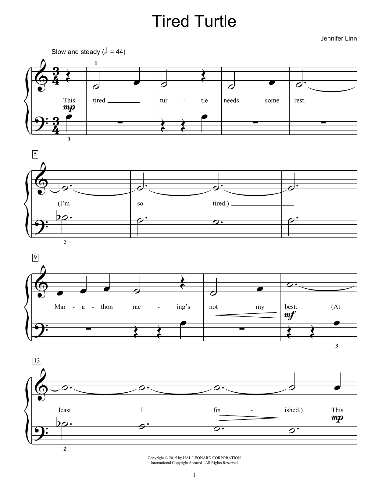 Jennifer Linn Tired Turtle sheet music notes and chords arranged for Educational Piano