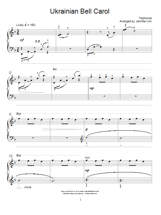 Jennifer Linn Ukrainian Bell Carol sheet music notes and chords arranged for Educational Piano