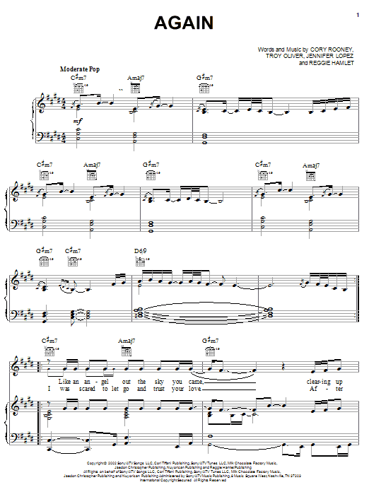 Jennifer Lopez Again sheet music notes and chords arranged for Piano, Vocal & Guitar Chords (Right-Hand Melody)