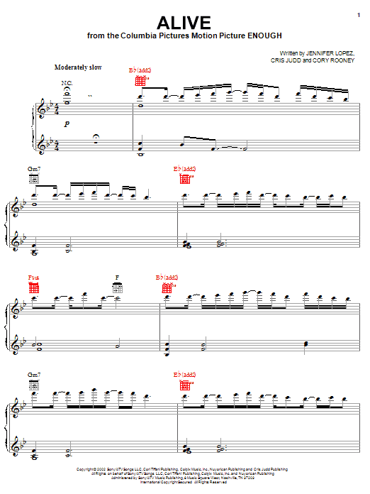 Jennifer Lopez Alive sheet music notes and chords arranged for Piano, Vocal & Guitar Chords (Right-Hand Melody)