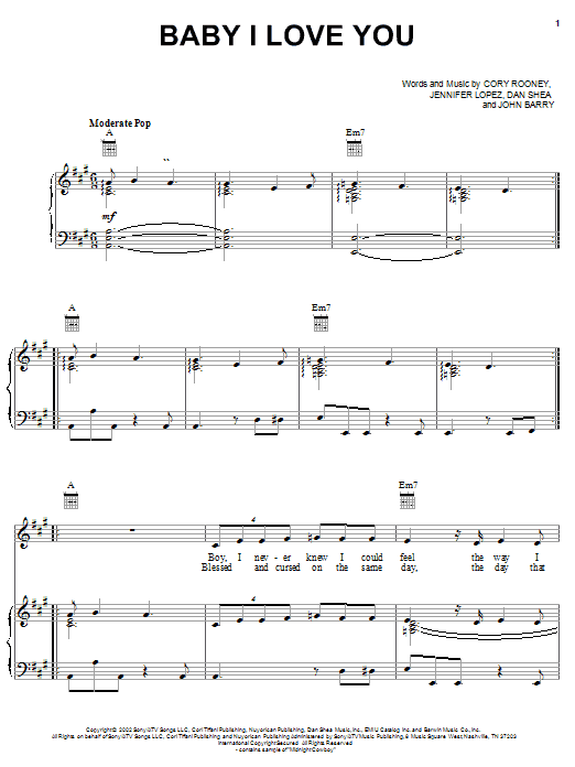 Jennifer Lopez Baby I Love You sheet music notes and chords arranged for Piano, Vocal & Guitar Chords (Right-Hand Melody)