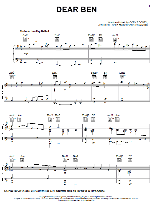 Jennifer Lopez Dear Ben sheet music notes and chords arranged for Piano, Vocal & Guitar Chords (Right-Hand Melody)