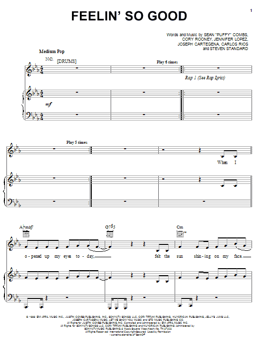 Jennifer Lopez feat. Big Pun & Fat Joe Feelin' So Good sheet music notes and chords arranged for Piano, Vocal & Guitar Chords (Right-Hand Melody)