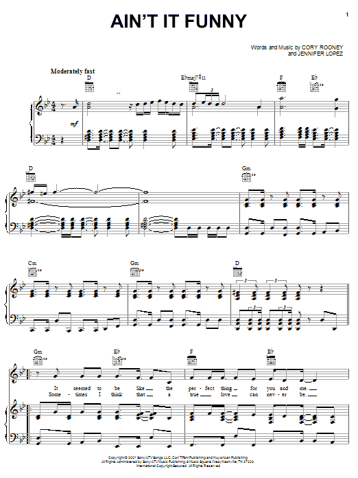 Jennifer Lopez featuring Ja Rule Ain't It Funny sheet music notes and chords arranged for Piano, Vocal & Guitar Chords (Right-Hand Melody)