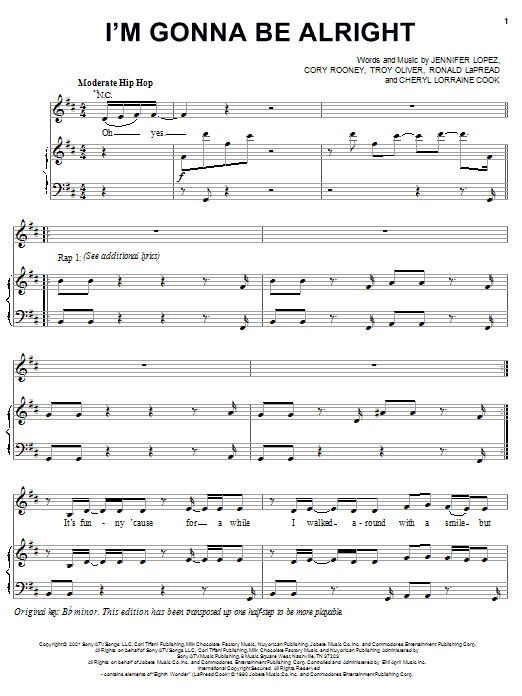 Jennifer Lopez I'm Gonna Be Alright sheet music notes and chords arranged for Piano, Vocal & Guitar Chords (Right-Hand Melody)