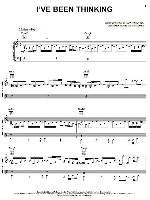 Jennifer Lopez I've Been Thinking sheet music notes and chords arranged for Piano, Vocal & Guitar Chords (Right-Hand Melody)