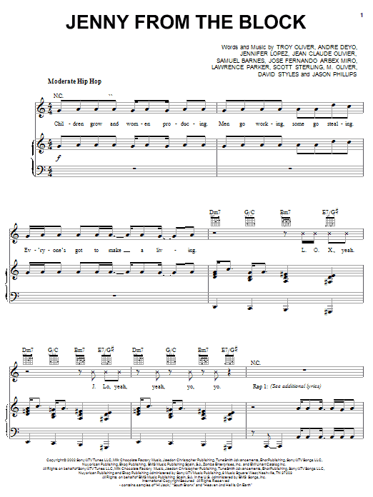 Jennifer Lopez Jenny From The Block sheet music notes and chords arranged for Piano, Vocal & Guitar Chords (Right-Hand Melody)