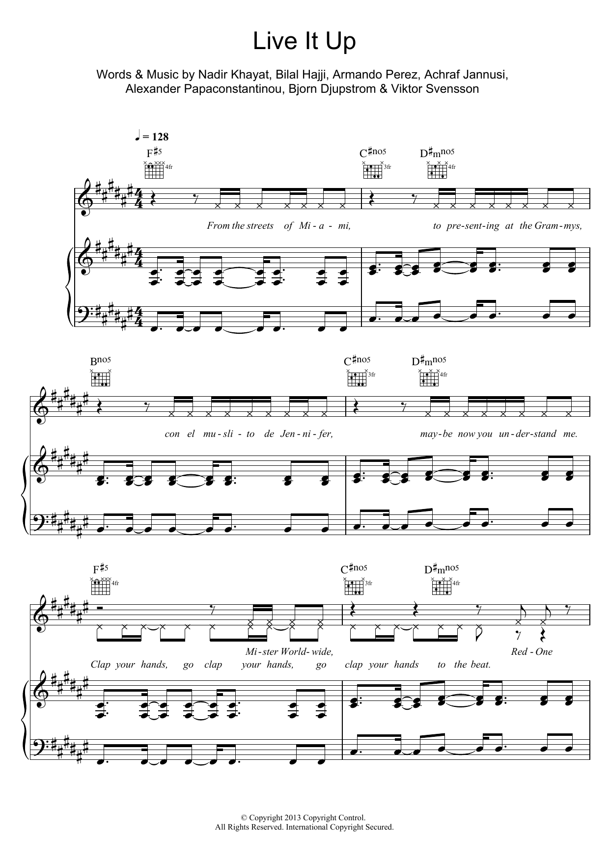 Jennifer Lopez Live It Up sheet music notes and chords arranged for Piano, Vocal & Guitar Chords