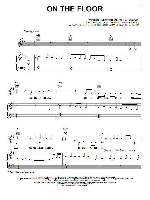 Jennifer Lopez On The Floor sheet music notes and chords arranged for Piano, Vocal & Guitar Chords (Right-Hand Melody)